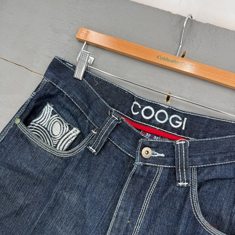 Y2K COOGI Jeans Dark Wash Indigo Embroidered Baggy Swirl Koala Animal 32 x 30